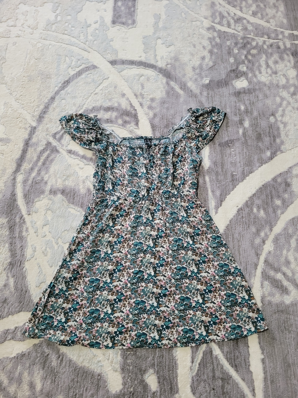 Vero Moda Teal Floral Smocked Casual Women Dress with Flutter Sleeves Size L